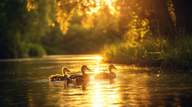 Photo ducks swimming in golden sunset