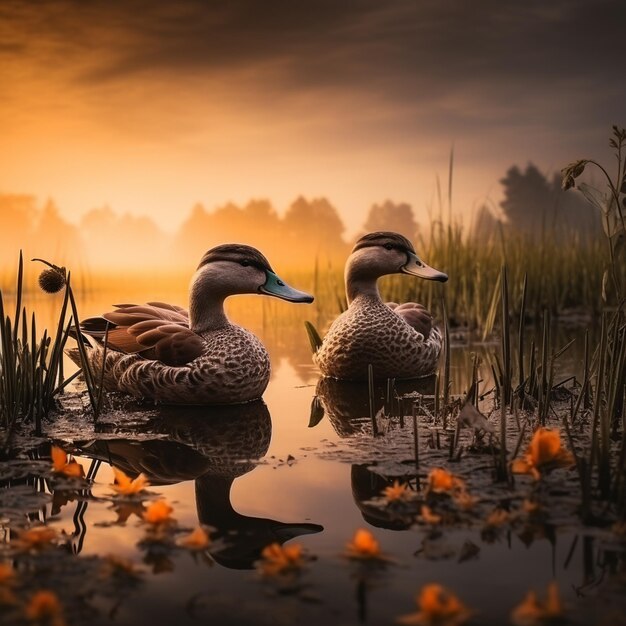 ducks swimming in a watery area at sunset