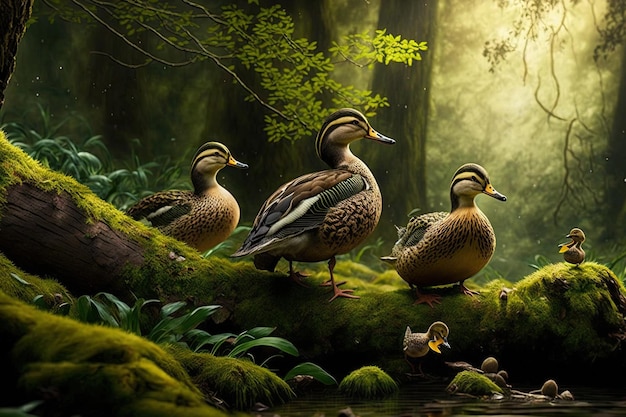 Ducks in the wild in a forest