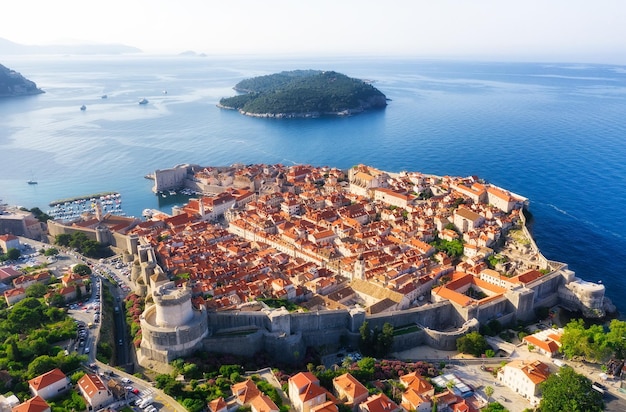 Dudrovnik Croatia Aerial view on the old town Vacation and adventure Town and sea Top view from drone at on the old castle and azure sea Travel image