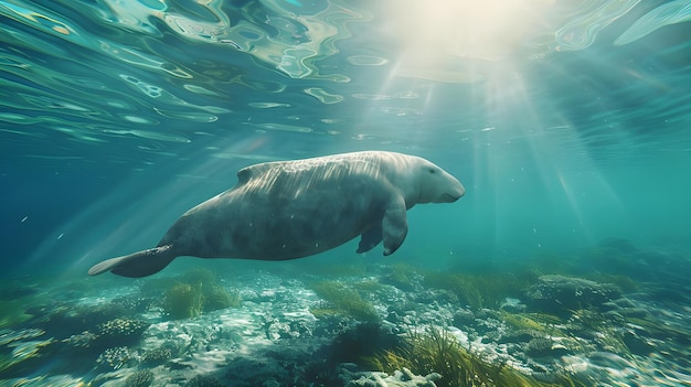 Dugong swimming in clear turquoise water with sunbeams