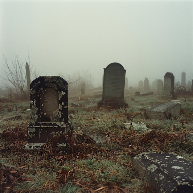 A dull fog covered burial ground with breaking down headstones