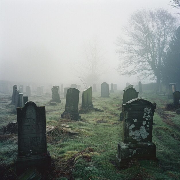 A dull fog covered burial ground with breaking down headstones