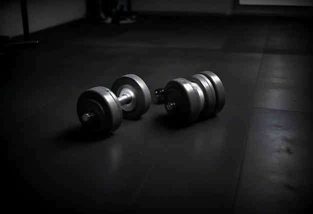 a dumbbell laying on a black floor with the words  dumbbell  on it