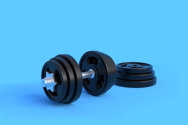 Dumbbell with black plates isolated on blue background Front view with copy space 3D render