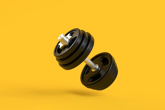 Dumbbell with black plates levitating in air on bright yellow background 3D render illustration