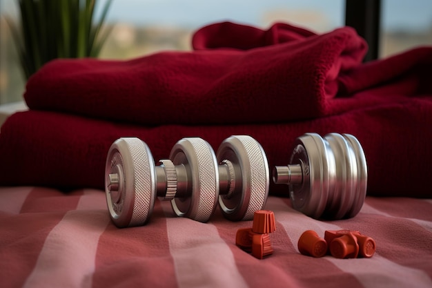 Dumbbells and a Comforter on a Plush Carpet