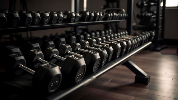 Dumbbells and fitness equipment arranged neatly in a gym setting