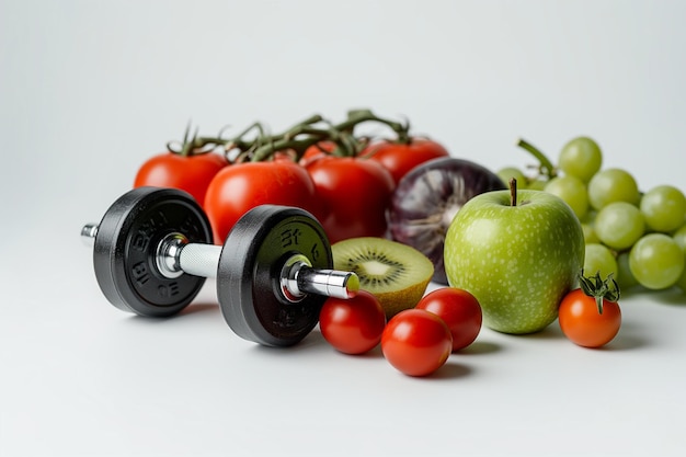 Photo dumbbells fruits and vegetables on a white background healthy lifestyle concept