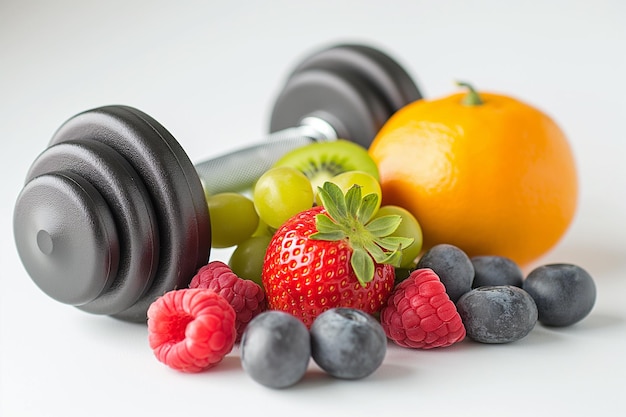 Photo dumbbells fruits and vegetables on a white background healthy lifestyle concept