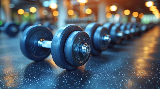 dumbbells on a table with lights in the background