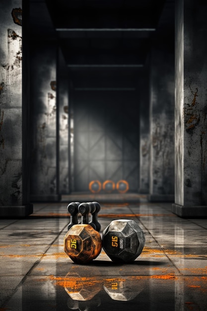 Dumbbells with Concrete Fitness Background 3D Rendeirng Computer Digital Drawing generative IA