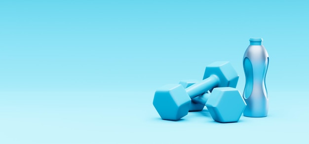 Dumbells and bottle on a blue background 3d render