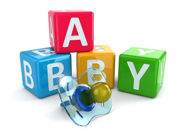 Dummy or pacifier and buzzword blocks with word baby. 3d