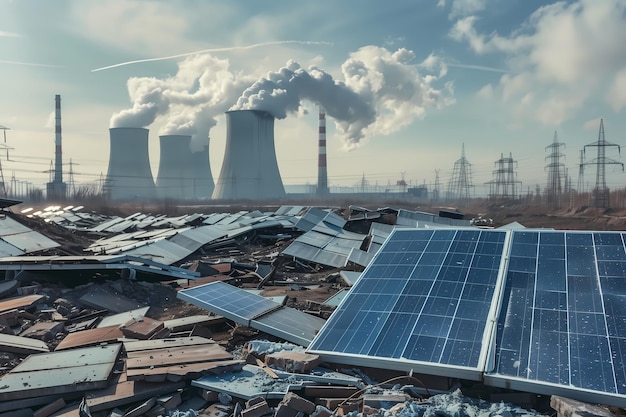 A dump of broken solar panels against the backdrop of a smoking power plant