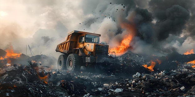 Dump truck and bulldozer working in flaming landfill with smoke and plastic pollution in background Concept Landfill Pollution Dump Truck Bulldozer Plastic Waste Environmental Degradation