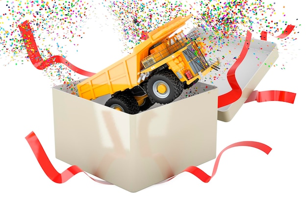 Photo dump truck inside gift box 3d rendering