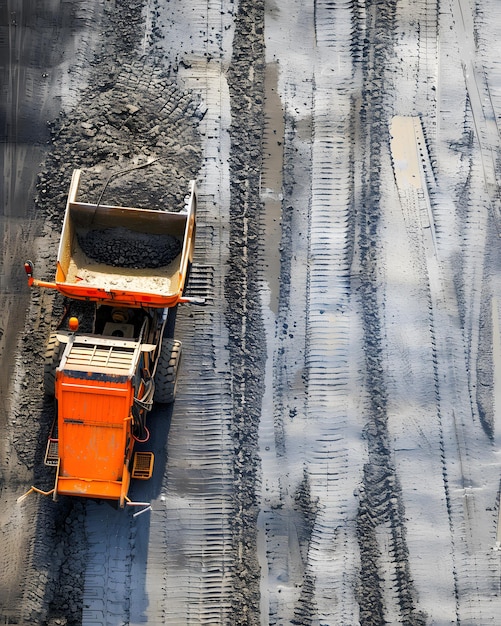 Photo a dump truck is driving through a construction site