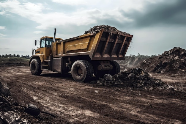 Dump Truck Unloading Construction Debris In Landfill Generative AI