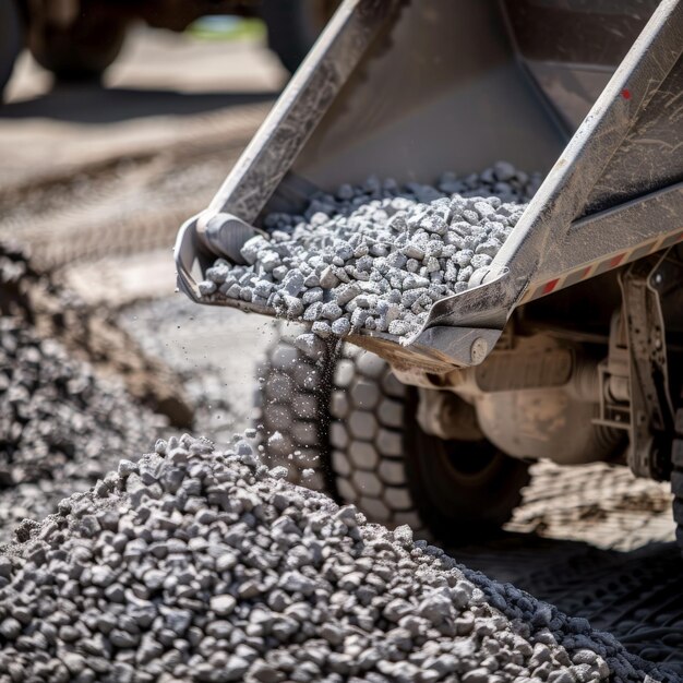 Photo dump truck unloading gravel at a construction site piles of rocks essential for building and infrastructure projects