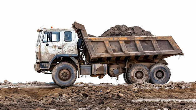 Dump truck unloading soil at a construction site action captured