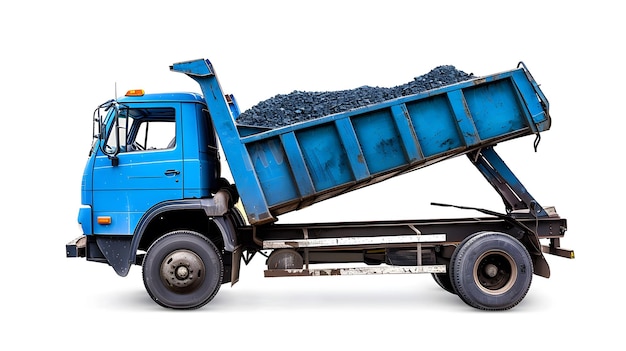 Photo a dump truck with a blue dumpster on the front