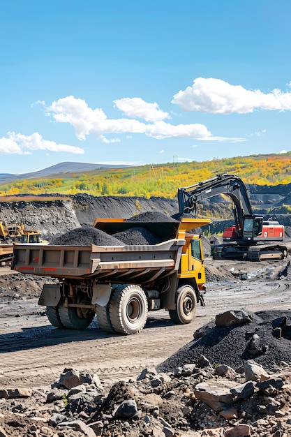 a dump truck with a yellow backhoe in the background