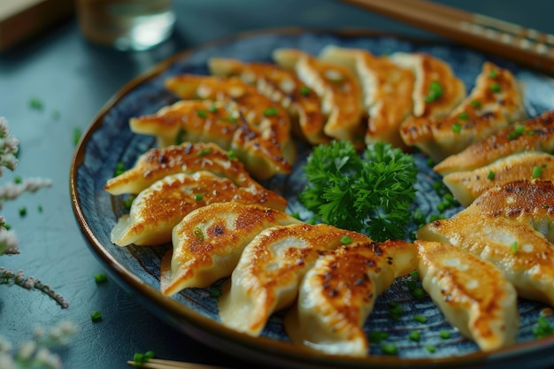 Dumplings Chinese Delicious Gyoza with Chicken and Vegetables on PlateTop View on Asian Fried Food