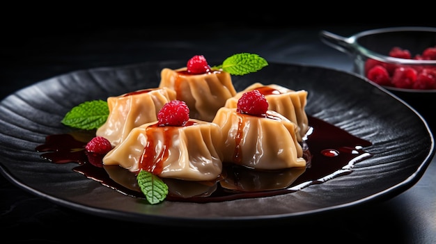 Dumplings with cherries raspberries and salted caram