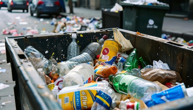 Dumpster being filled with mixed trash Trash bin full with garbage incorrect waste management idea