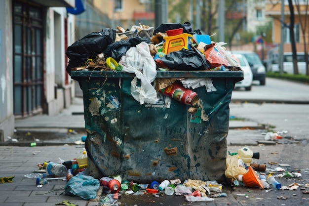 Dumpster being filled with mixed trash Trash bin full with garbage incorrect waste management idea