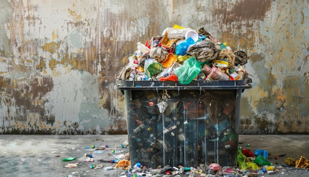 Dumpster being filled with mixed trash Trash bin full with garbage incorrect waste management idea