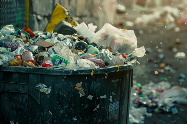 Dumpster being filled with mixed trash Trash bin full with garbage incorrect waste management idea