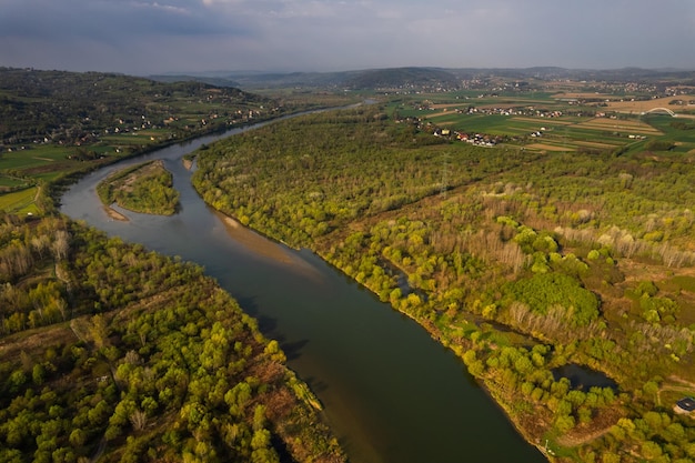 Dunajec River in Lesser Poland at Spring Morning Aerial Drone View