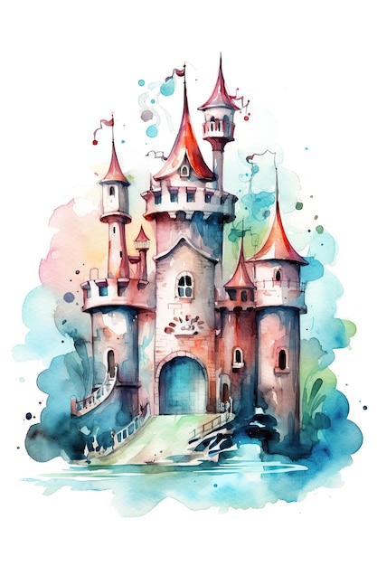 Dungeon castle fortress watercolor clipart cute isolated on white background with Generative AI