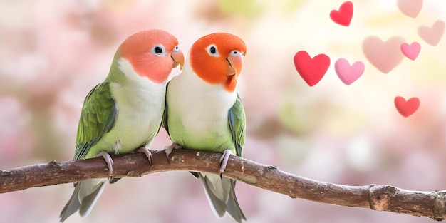 Photo duo of lovebirds surrounded by pastel hearts