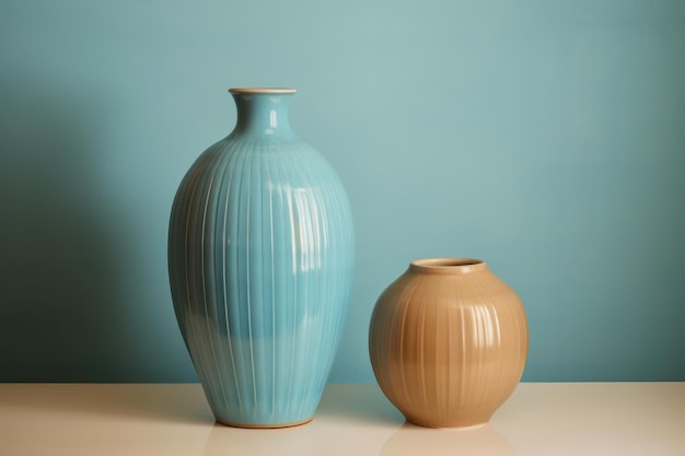 Duo of modern vases on a blue wall background