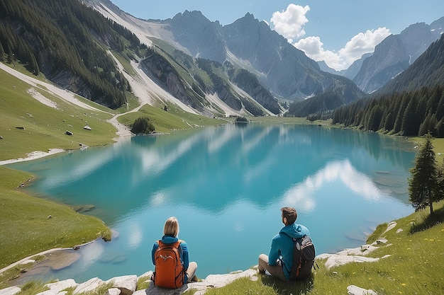 Photo a duo of travelers gazes at the alpine lake concept of active lifestyle with travel travel and adventure in austrias mountainous area generative ai