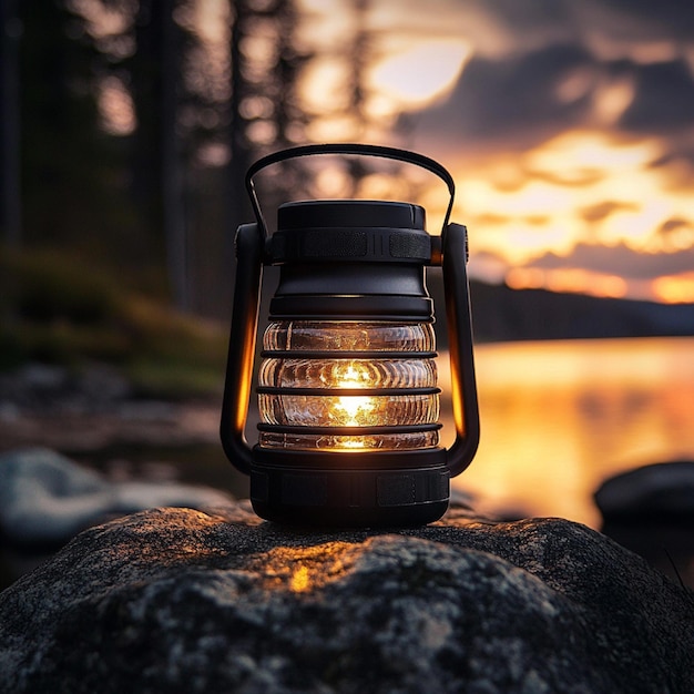 Photo durable camping lantern with adjustable brightness and a rugged outdoor setting