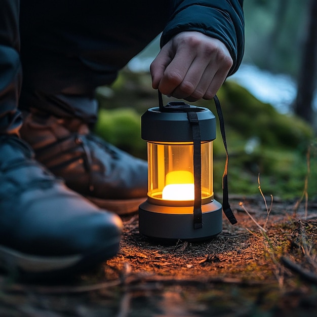 Photo durable camping lantern with adjustable brightness and a rugged outdoor setting