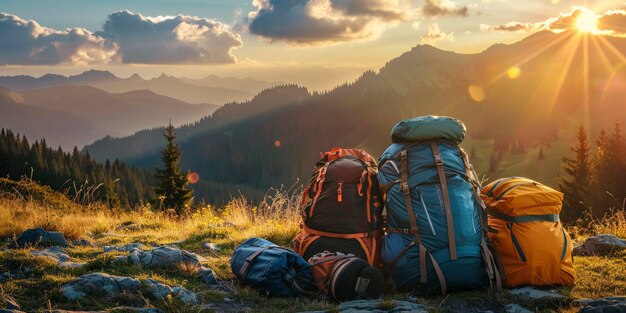 Durable nylon backpacks and tents nestled among a mountainous landscape bask in the warm glow of the golden hour