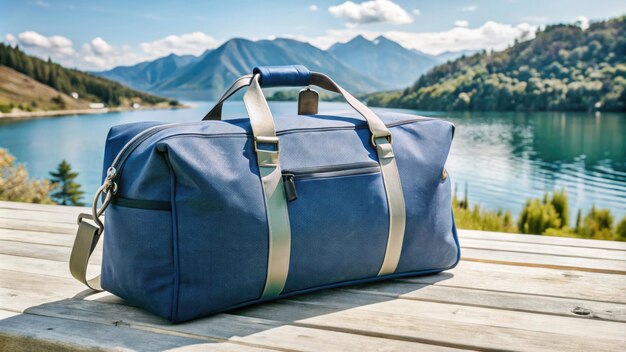 Photo durable travel bag resting on a wooden surface near a serene lake in daylight generative ai