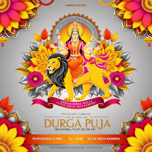 Durga Puja Invitation Flat Vector Design with Festive Elements