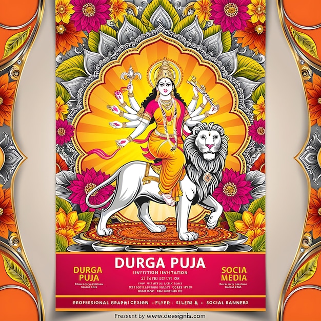 Durga Puja Invitation Flat Vector Design with Festive Elements