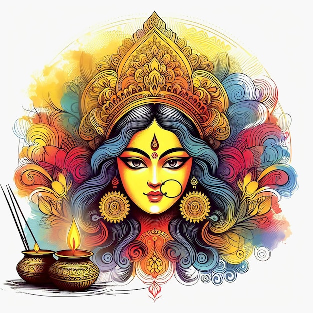 Durga puja poster of a goddess on her face on a watercolor background