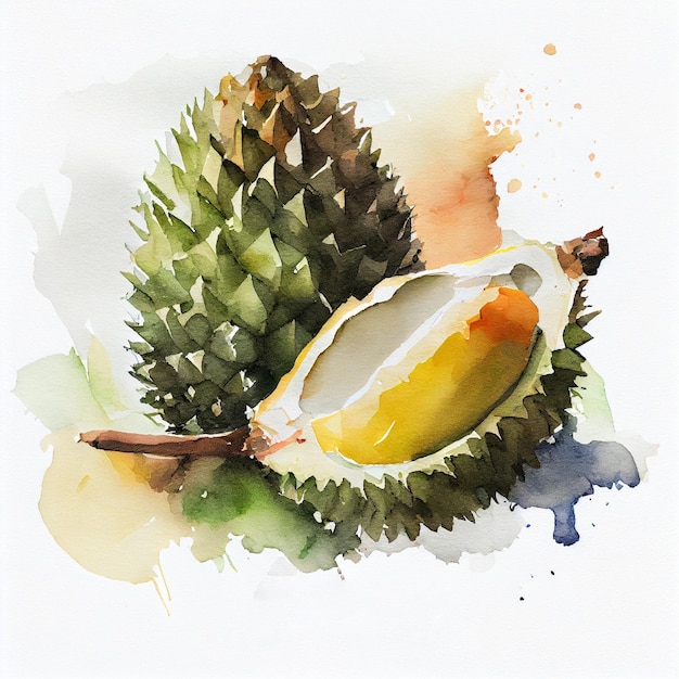 Durian 2. Watercolor on white paper background. All the fruits.