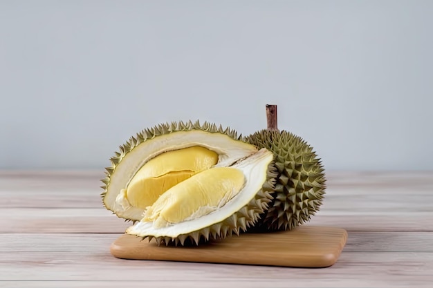 A durian fruit is on a wooden board.