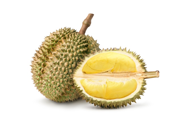 Durian fruit with cut in half solated on white background.