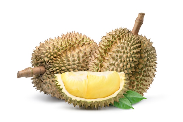 Durian fruit with slices isolated on white background.