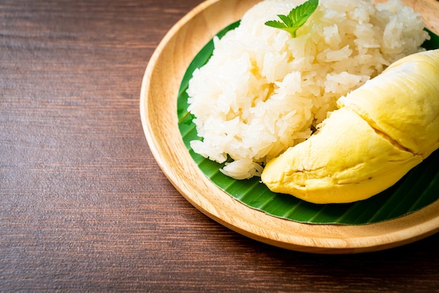 Durian with sticky rice -  sweet durian peel with yellow bean, Ripe durian rice cooked with coconut milk - Asian Thai dessert summer tropical fruit food